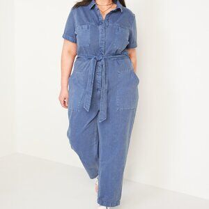 Tie Belt Denim Blue Jumpsuit - 3X